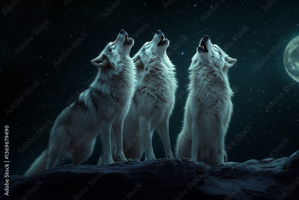 Naklejka premium A pack of wolves howling at a full moon, their breath visible in the cold night air