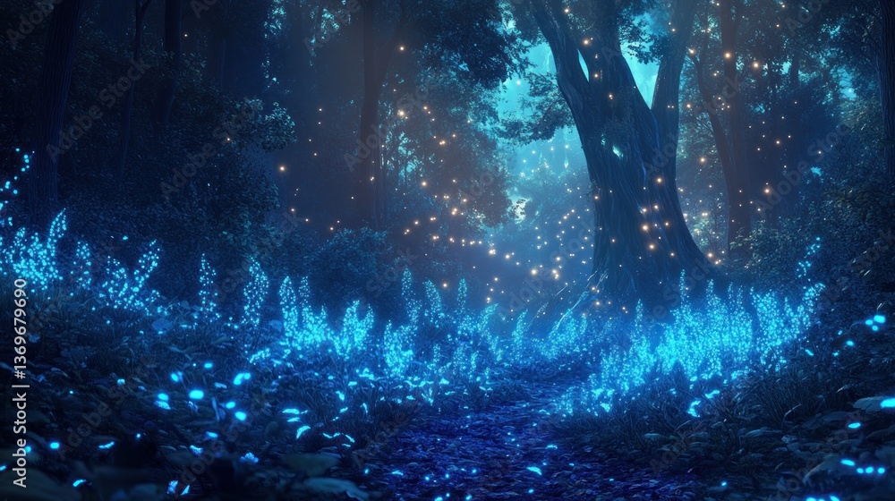Fototapeta premium Enchanted Forest at Night: A Mystical Path Illuminated by Glowing Flora and Fireflies