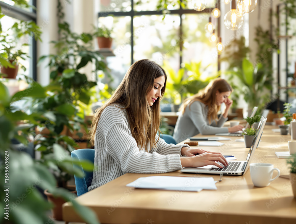 Two women working on laptops in a bright co-working space with green plants, natural daylight, and cozy decor. Concept of creative and productive workspace. Ai generative Two women working on laptops in a bright co-working space with green plants, natural daylight, and cozy decor. Concept of creative and productive workspace. Ai generative