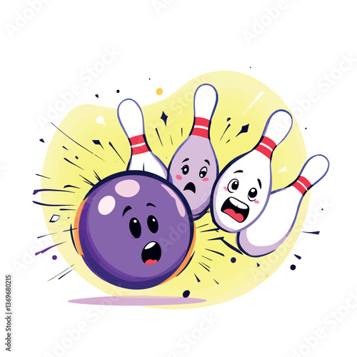 Bowling ball knocking down pins with funny faces