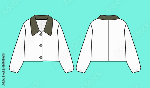 Ladies button down woven crop Shirt flat sketch outline CAD mockup template.