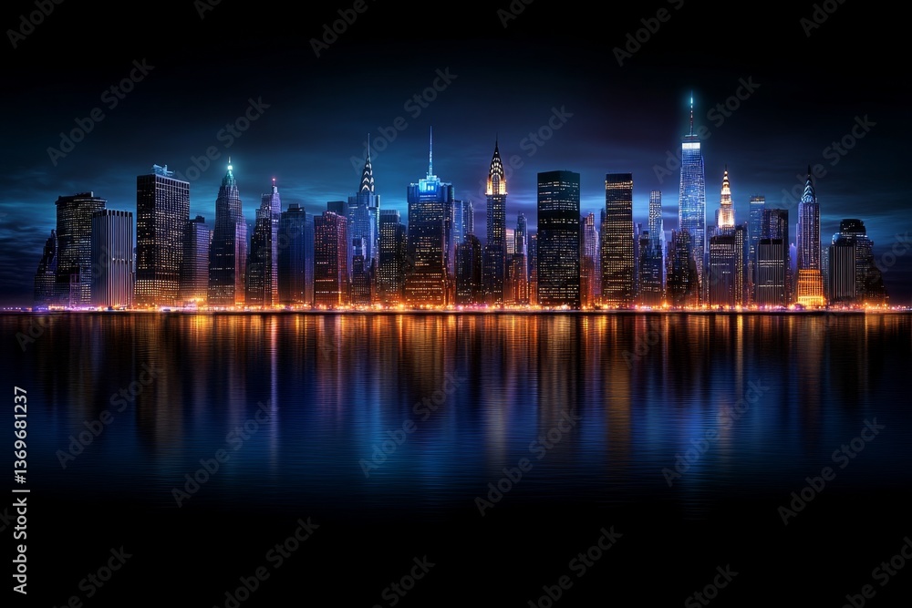 Obraz premium A pixel-art version of the New York skyline, with tiny glowing windows and animated moving taxis