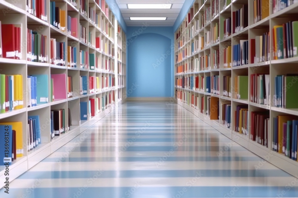 Highlighting libraries' importance in education with a balanced arrangement of bookshelves showcasing blue-covered volumes. Highlighting libraries' importance in education with a balanced arrangement of bookshelves showcasing blue-covered volumes.