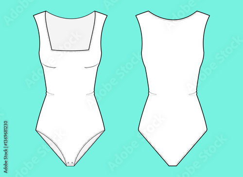 Ladies one piece swimsuit black and white flat sketch outline CAD mockup template.