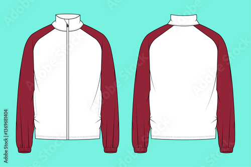 Activewear high neck full zip through raglan sleeve sports jacket flat sketch outline CAD mockup template.