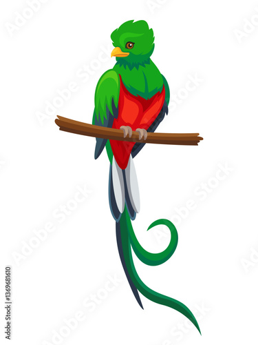 Vector resplendent quetzal bird perched on a branch isolated on white background