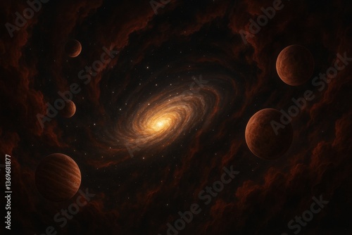 Spiral galaxy with surrounding alien planets