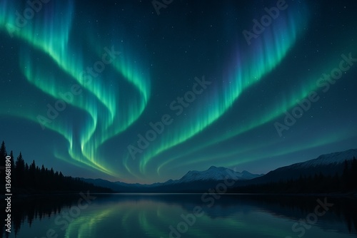 Northern lights dancing over mountain lake