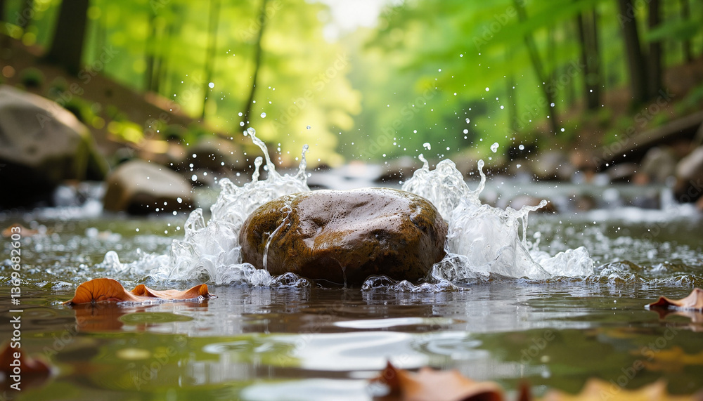 Fototapeta premium Boulder splashing in tranquil forest stream, nature's beauty