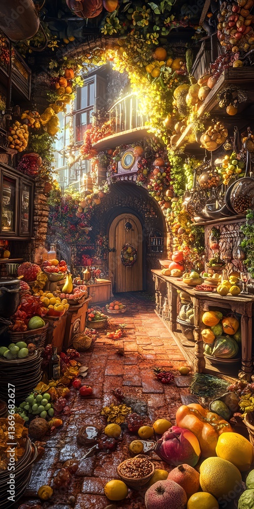 Fototapeta premium Enchanted fruit market alley, glowing with autumn harvest abundance. Magical, fairytale setting.