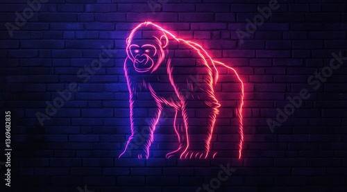 A full-length gorilla is drawn with a glowing neon line against a brick wall background. A glowing neon sign forms a contour drawing of a full-length gorilla against a dark grunge-style brick wall.