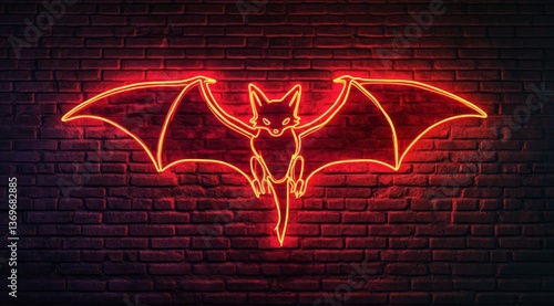 A bat is drawn with a glowing neon line against a brick wall background. A glowing neon sign forms a contour drawing of a bat against a dark grunge style brick wall.	