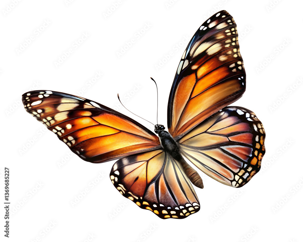 Fototapeta premium A Monarch butterfly in flight, its wings ablaze with vibrant orange and black, a symbol of transformation and hope against a pure white background.