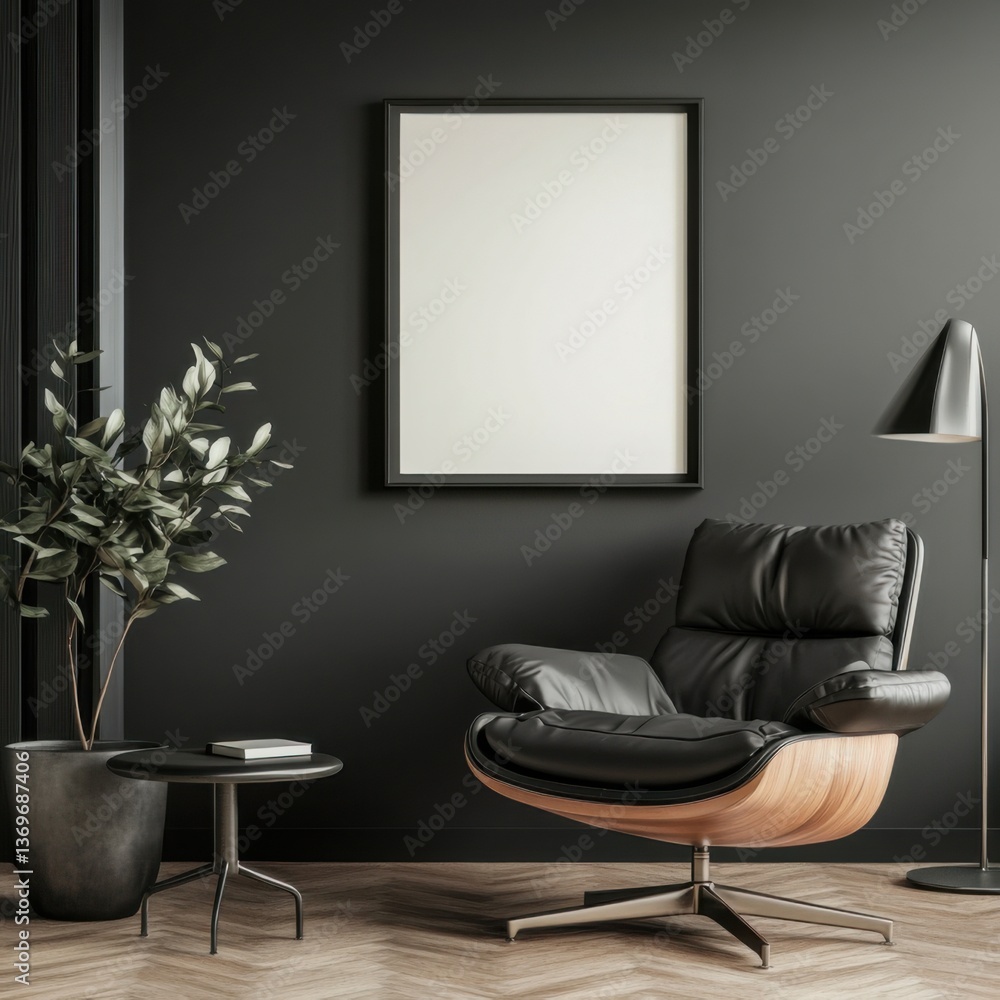 Fototapeta premium Stylish interior design featuring black leather chair, contemporary decor, and modern artwork waiting to be displayed