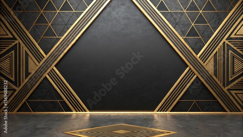 Abstract golden lines on black BG. Luxury universal frame. Premium 3d design. Geometric triangle borders with copy space in thcenter. Right left down up arrows. Modern VIP fashion Black Friday .
