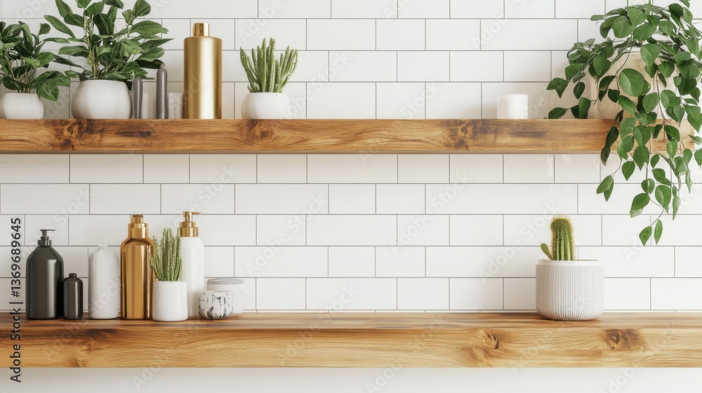 Fototapeta premium Stylish wooden shelves adorned with potted plants and decorative items in a modern interior setting