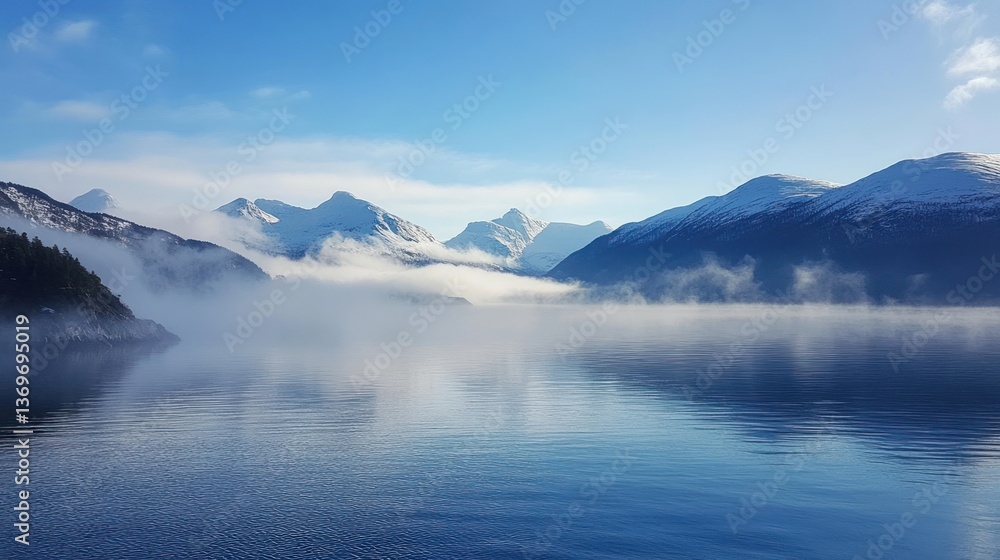 Misty Fjord Landscape: Breathtaking View of Snow-Capped Mountains and Serene Water Misty Fjord Landscape: Breathtaking View of Snow-Capped Mountains and Serene Water