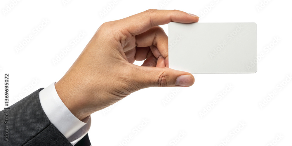 Fototapeta premium A hand in a business suit holds a blank white card for mockup