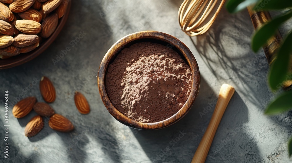 Fototapeta premium Cocoa Powder and Almonds in Wooden Bowl, Sunlit Kitchen Setting