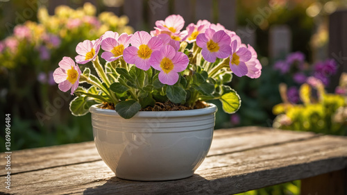 Wallpaper Mural Delicate Pink Primrose Flowers Blooming in a White Pot on a Rustic Wooden Table Torontodigital.ca