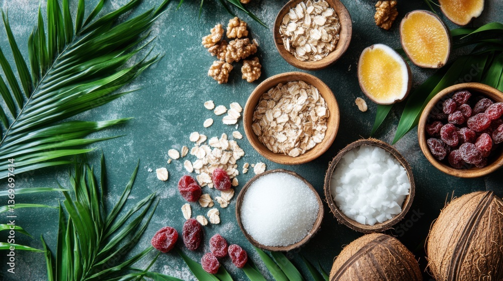Overhead View of Oatmeal, Coconut, Walnuts, and Berries on Dark Green Surface Overhead View of Oatmeal, Coconut, Walnuts, and Berries on Dark Green Surface