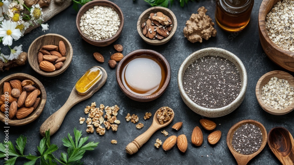 Variety of Healthy Foods and Ingredients in Wooden Bowls Variety of Healthy Foods and Ingredients in Wooden Bowls
