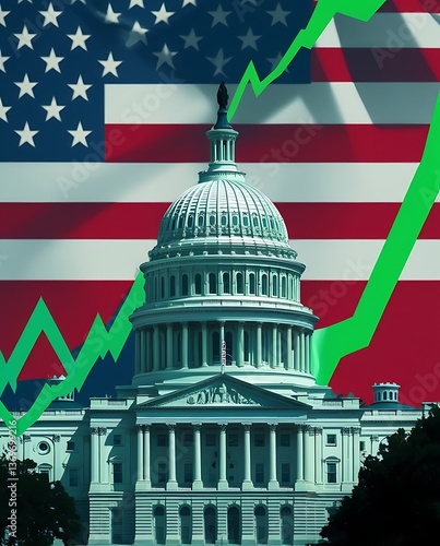 United States Capitol with an upward stock market graph and American flag, symbolizing economic growth, politics, government finance, investment, and national economy trends

