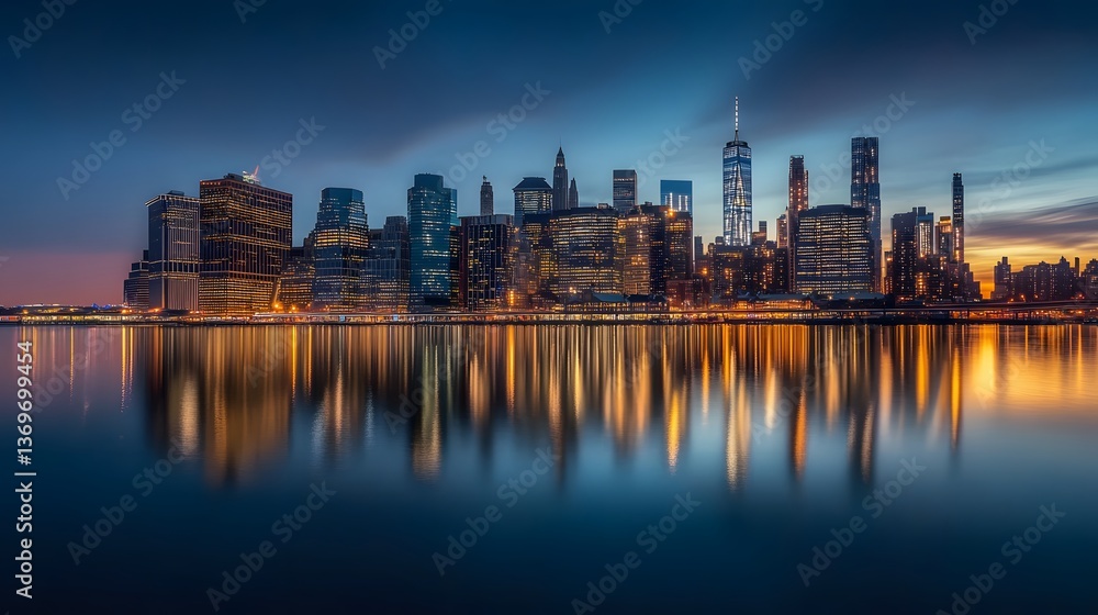 35. A sweeping twilight shot of Manhattan, showcasing the glowing city lights of the skyline with calm waters below 35. A sweeping twilight shot of Manhattan, showcasing the glowing city lights of the skyline with calm waters below