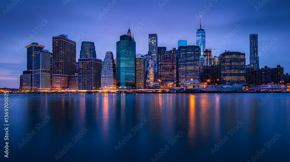 Fototapeta premium 38. A stunning panoramic shot of Manhattan is skyline at dusk, with towering buildings, glowing windows, and calm waterfronts
