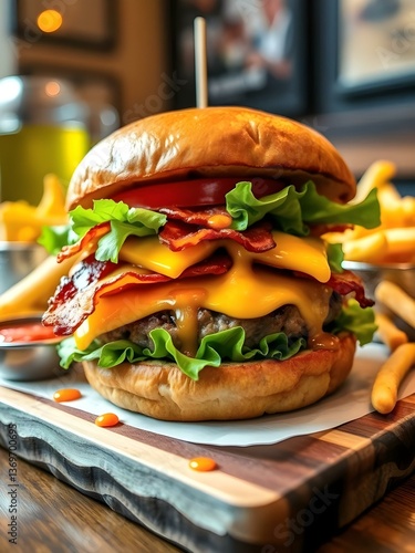 Juicy Smash Burger on a Wooden Board