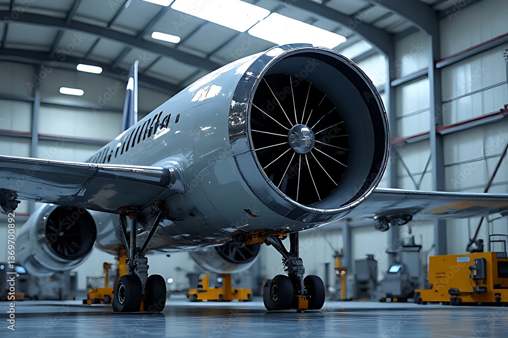 Inspecting aircraft engine components aviation hangar photography industrial low angle mechanics Inspecting aircraft engine components aviation hangar photography industrial low angle mechanics