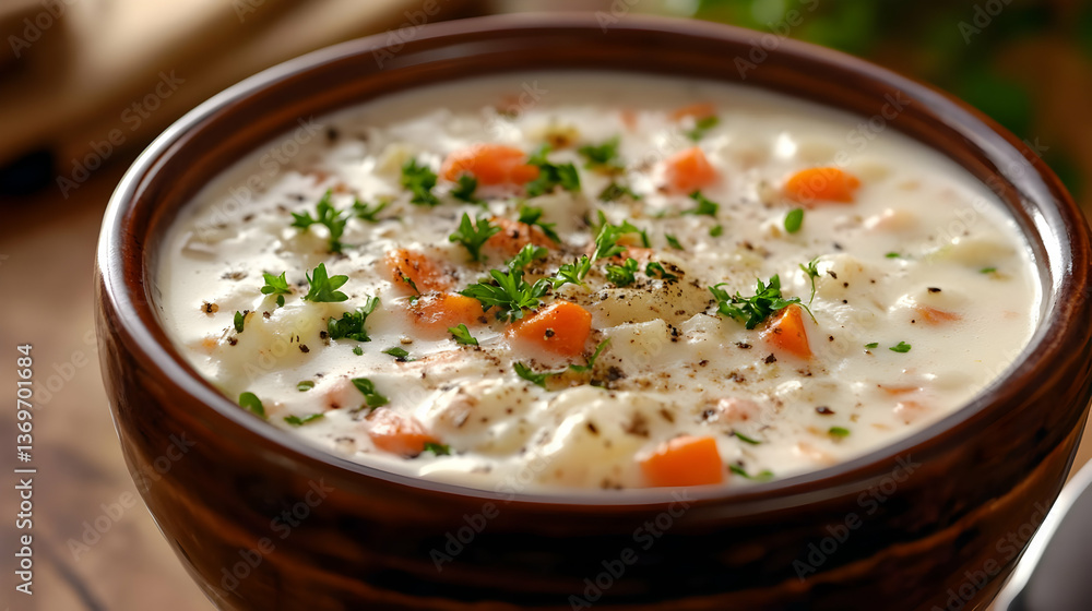 A creamy soup with vegetables garnished with herbs in a rustic bowl. A creamy soup with vegetables garnished with herbs in a rustic bowl.