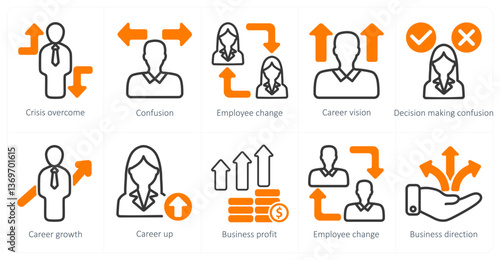 A set of 10 business icons as crisis overcome, confusion, employee change