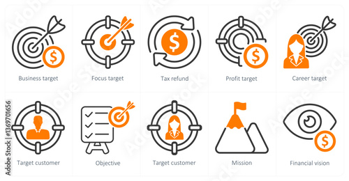 A set of 10 business icons as business target, focus target, tax refund