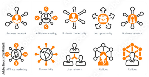 A set of 10 business icons as business network, affiliate marketing, business connectivit