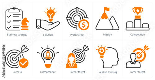 A set of 10 business icons as business startegy, solution, profit target