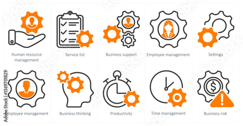 A set of 10 business icons as human resource managament, service list, business support