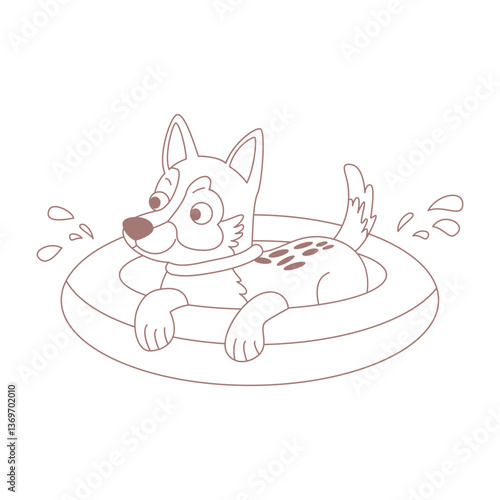 A dog is splashing around in a wading pool. The line vector is isolated on a white background.