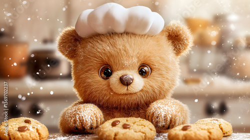 A cute bear in a chef's hat joyfully prepares cookies in a cozy kitchen.
