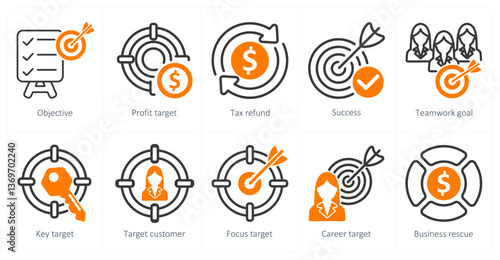 A set of 10 business icons as objective, profit target, tax refund