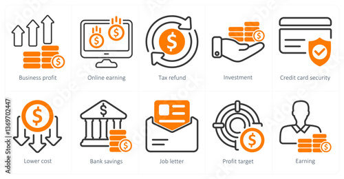 A set of 10 business icons as business profit, online earning, tax refund