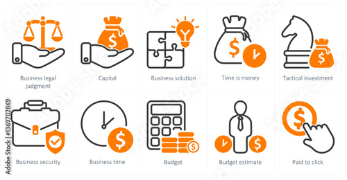 A set of 10 business icons as business legal judgement, capital, attraction