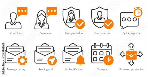 A set of 10 business icons as consultant, user protection, quick response