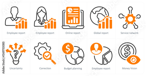 A set of 10 business icons as employee report, online report, global report