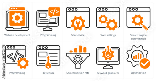 A set of 5 seo icons as website development, seo service, web settings