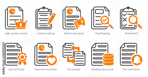 A set of 5 seo icons as high quality content, content editing, advertising report