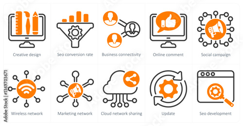 A set of 5 seo icons as creative design, seo conversion rate, online comment