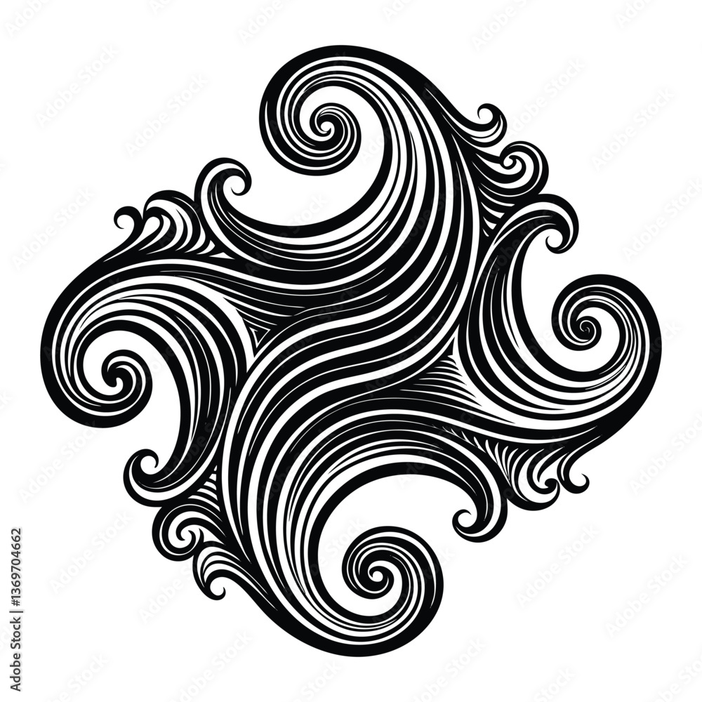 Fototapeta premium Black and white abstract floral swirl pattern with tribal and vintage elements, featuring flowers, leaves, and waves in a decorative and artistic style