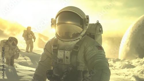 astronauts walking on a alien planet with rocky terrain, with a bright sun in the background, a futuristic scene filled with wonder.