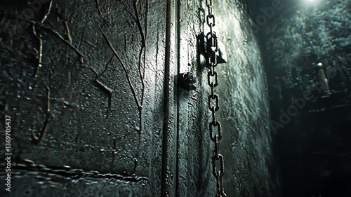 Eerie door leading to dimly lit prison cell chamber, secured by weathered chains and lock